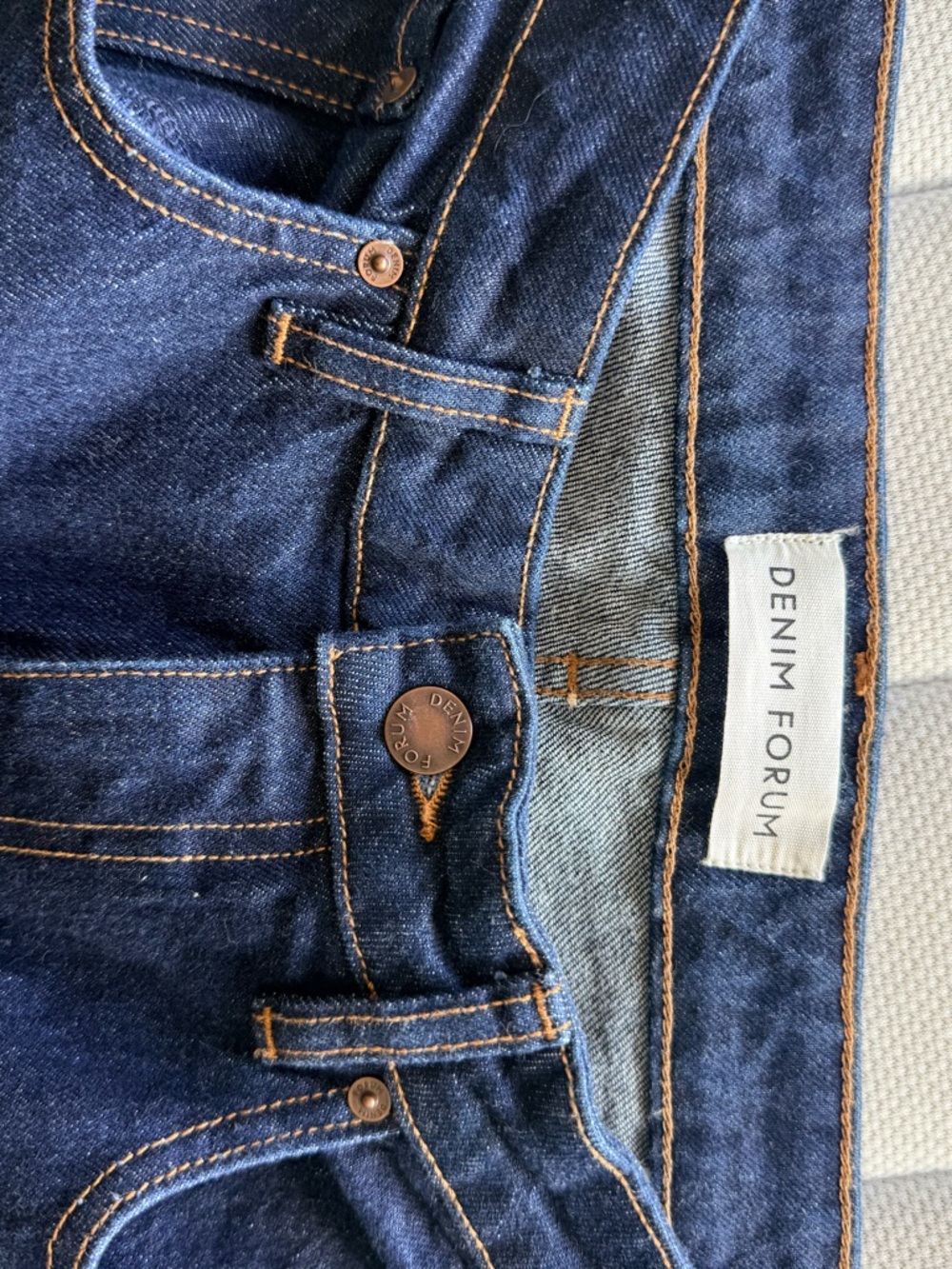 Denim Forum Men’s Dark Indigo Slim Straight Jeans with Copper Stitching